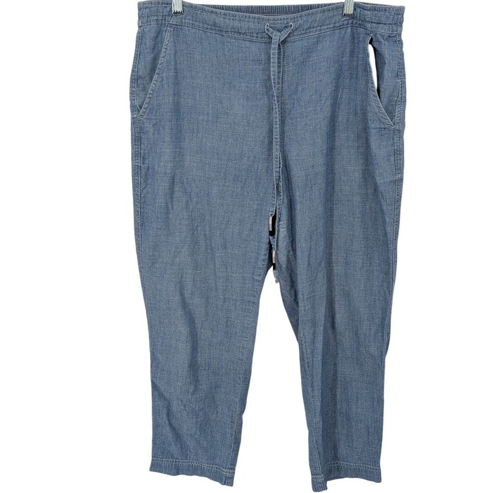 J Crew Chambray Pants Women Large Blue Drawstring Casual Straight Leg Cropped